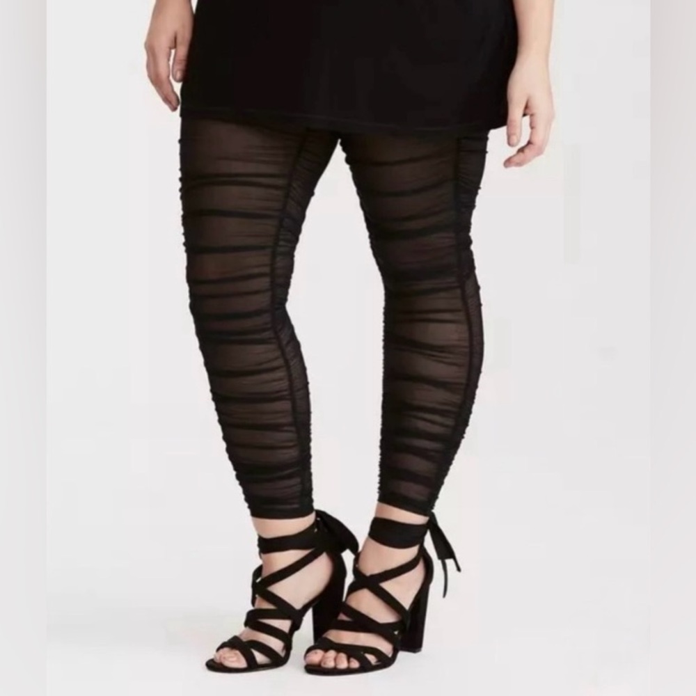 Torrid Black Sheer Ruched Mesh Leggings Plus Size 1X  Open Leg Tights